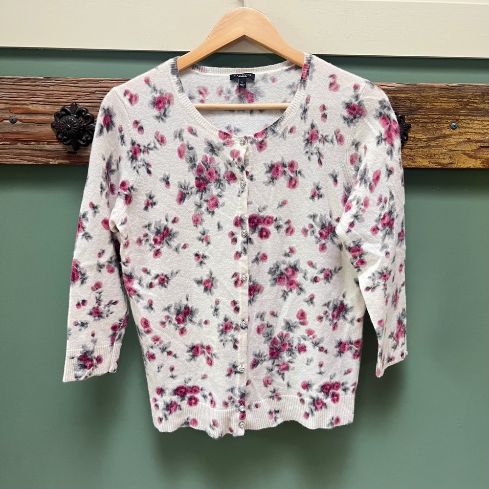 Talbots Womens L Floral Lambswool Angora Cardigan Rhinestone Button Pink Cream